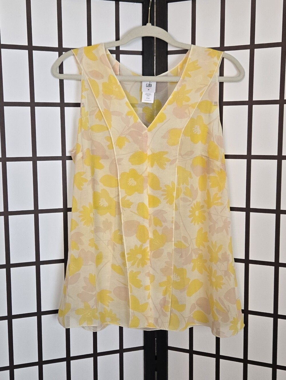 CAbi Yellow & Cream Floral V-Neck Sheer Top